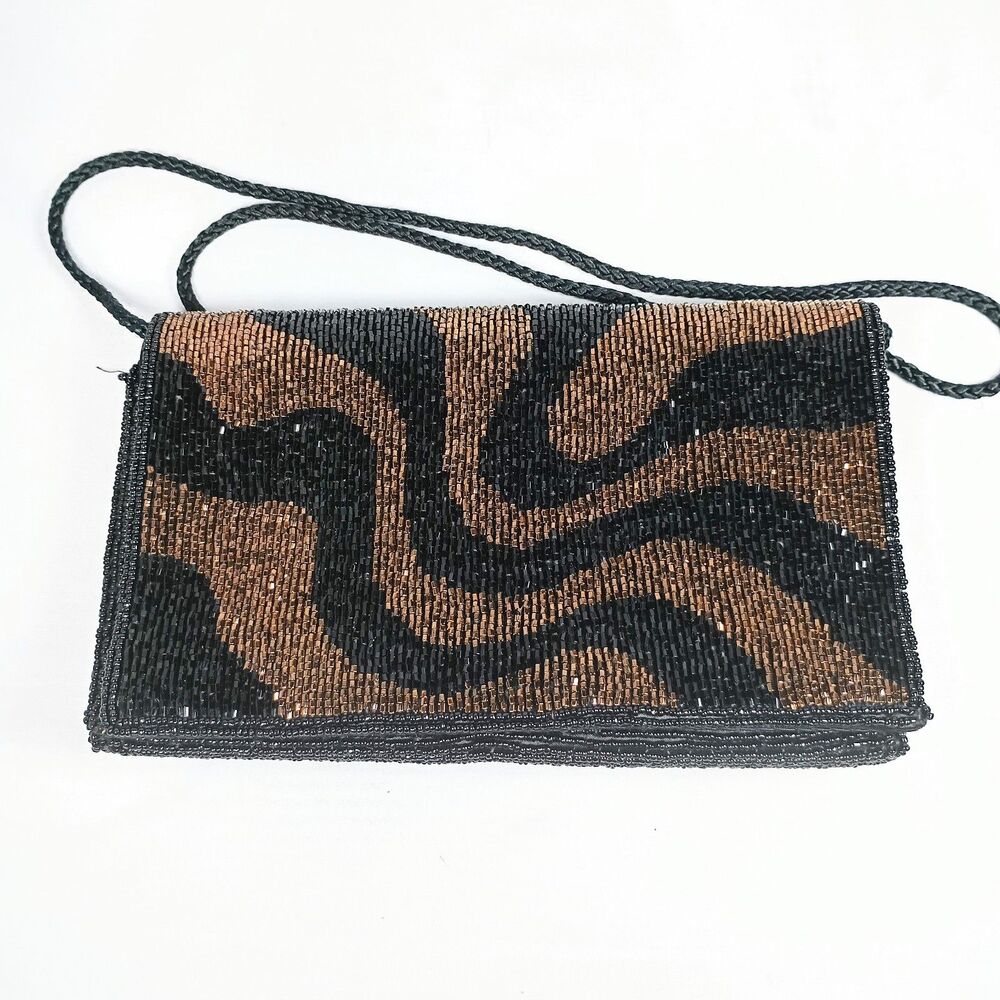 Vintage Walborg Black Copper Beaded Clutch Purse Made In Macau 1960s Evening Bag